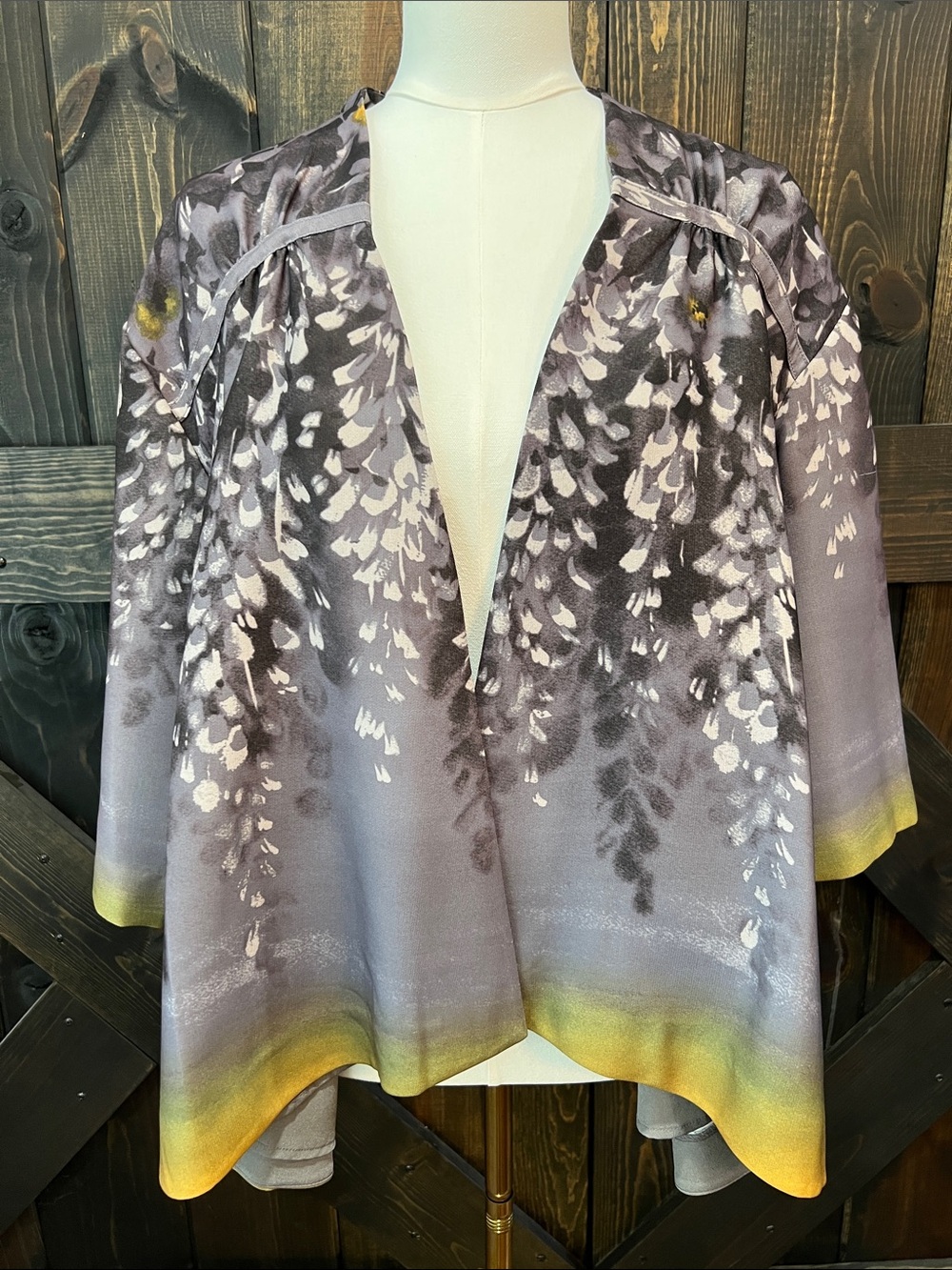 Anthropologie‎ Beth Kimono Floral Jacket L Grey Open 3/4 Sleeves Boho Layering